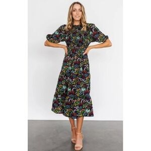 Baltic Born Lena Tiered Midi Dress Floral Smocked Puff Sleeve Botanical Med